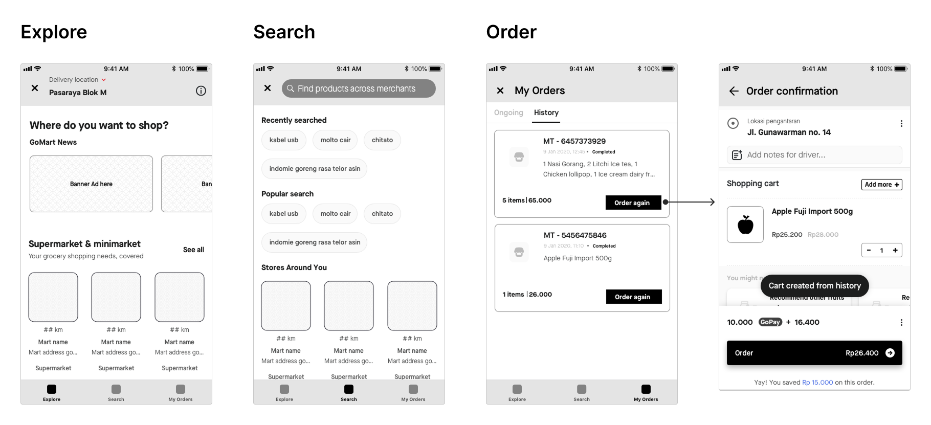 Release 1 wireframe — Explore, Search, My Orders tabs with reorder-from-history flow