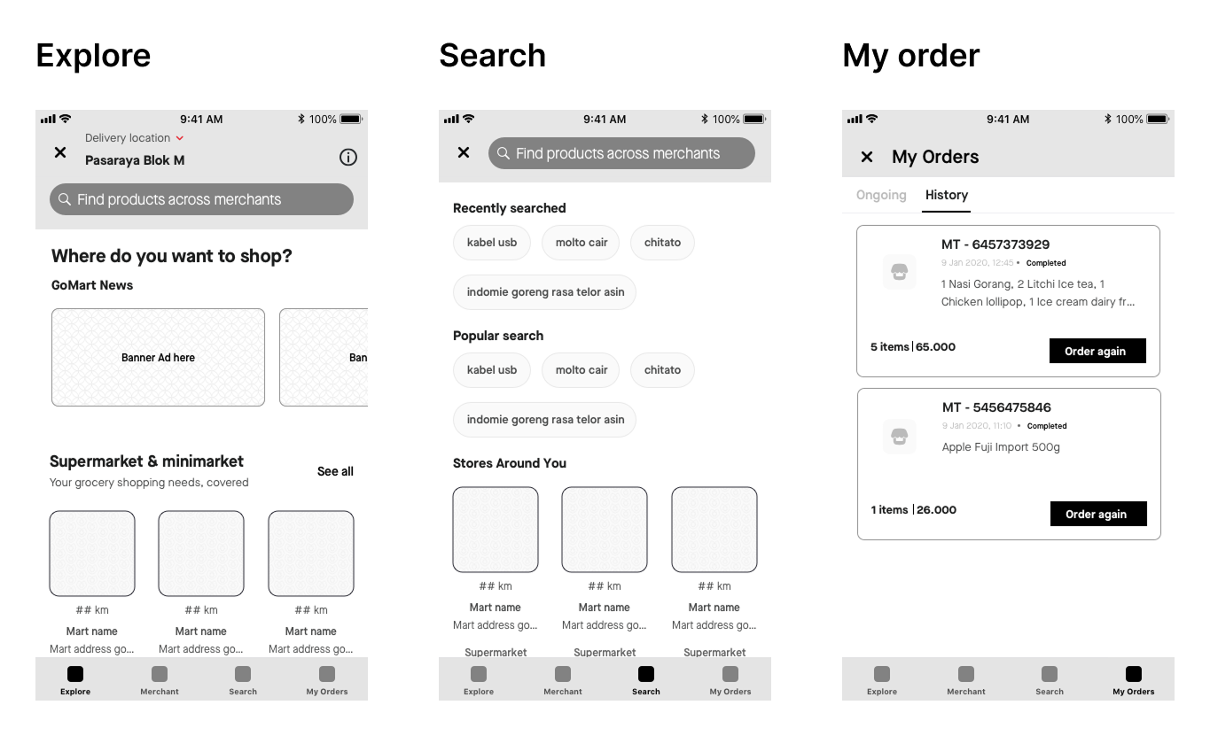 Release 2 wireframe — adds a dedicated Merchant tab to Explore, Search, My Orders