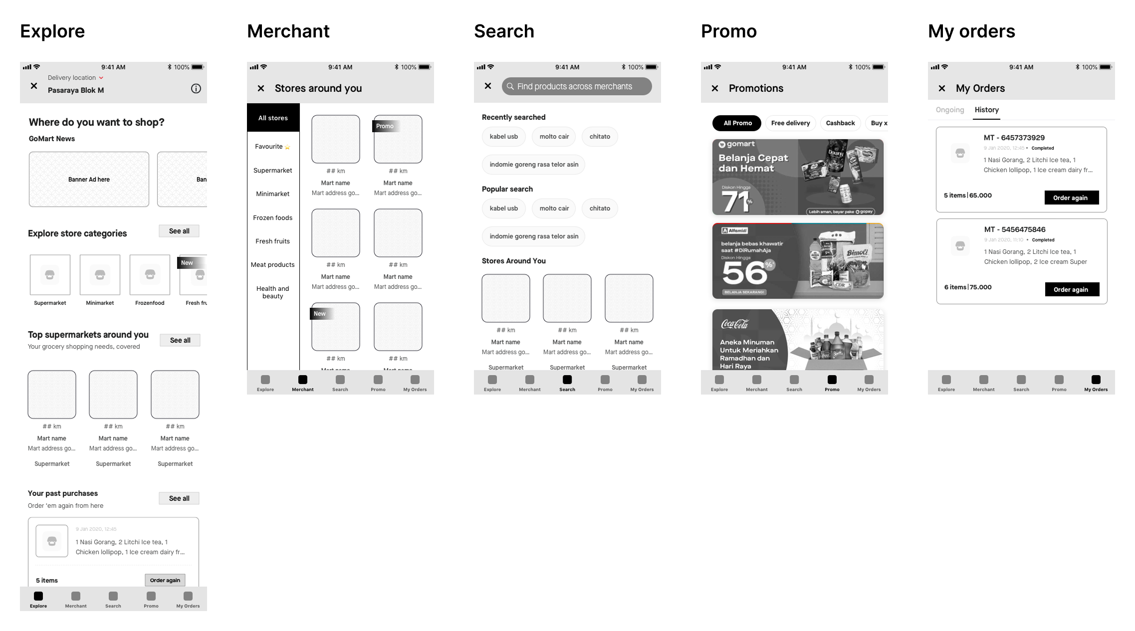 Release 3 wireframe — full 5-tab concept: Explore, Merchant, Search, Promo, My Orders — the version taken into concept testing