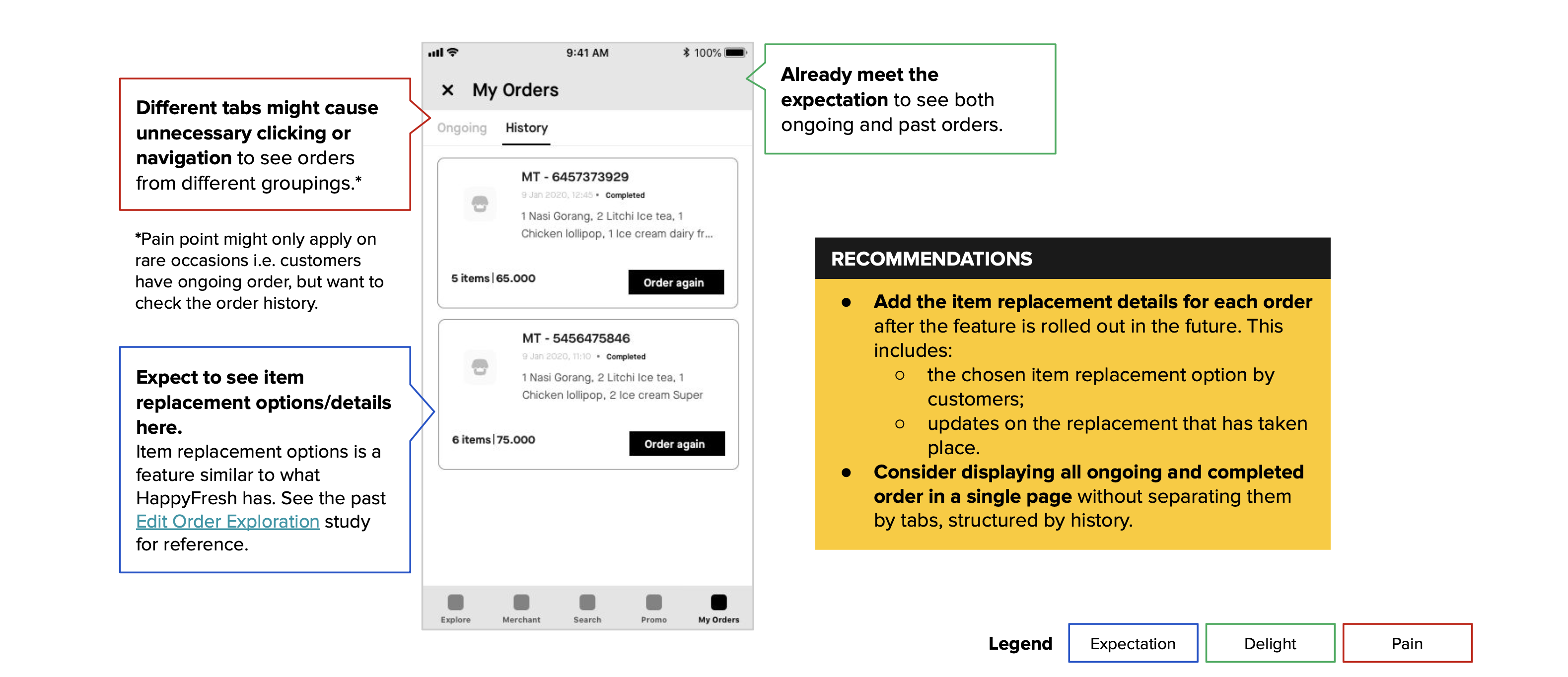 Order tab concept testing — ongoing vs history tabs, reorder shortcuts