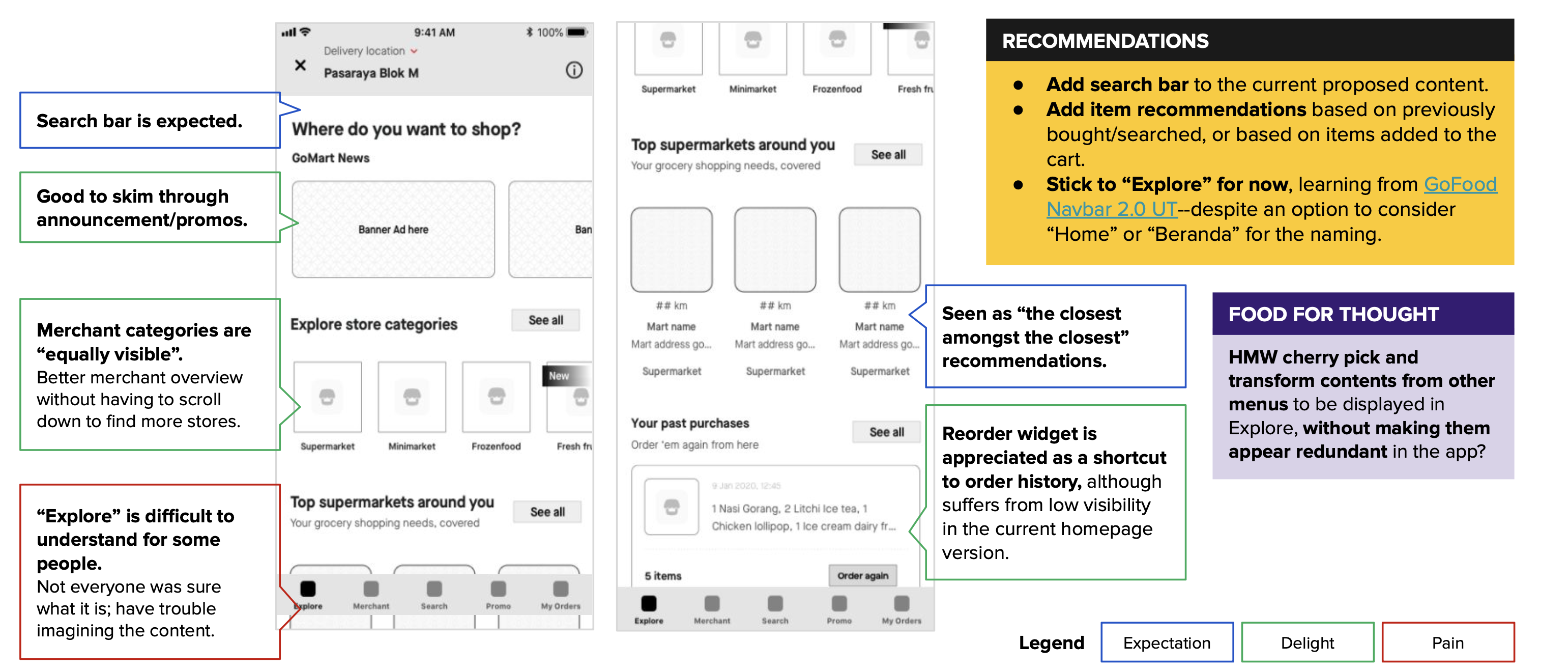 Explore tab concept testing — homepage structure, search bar, merchant categories, reorder widget