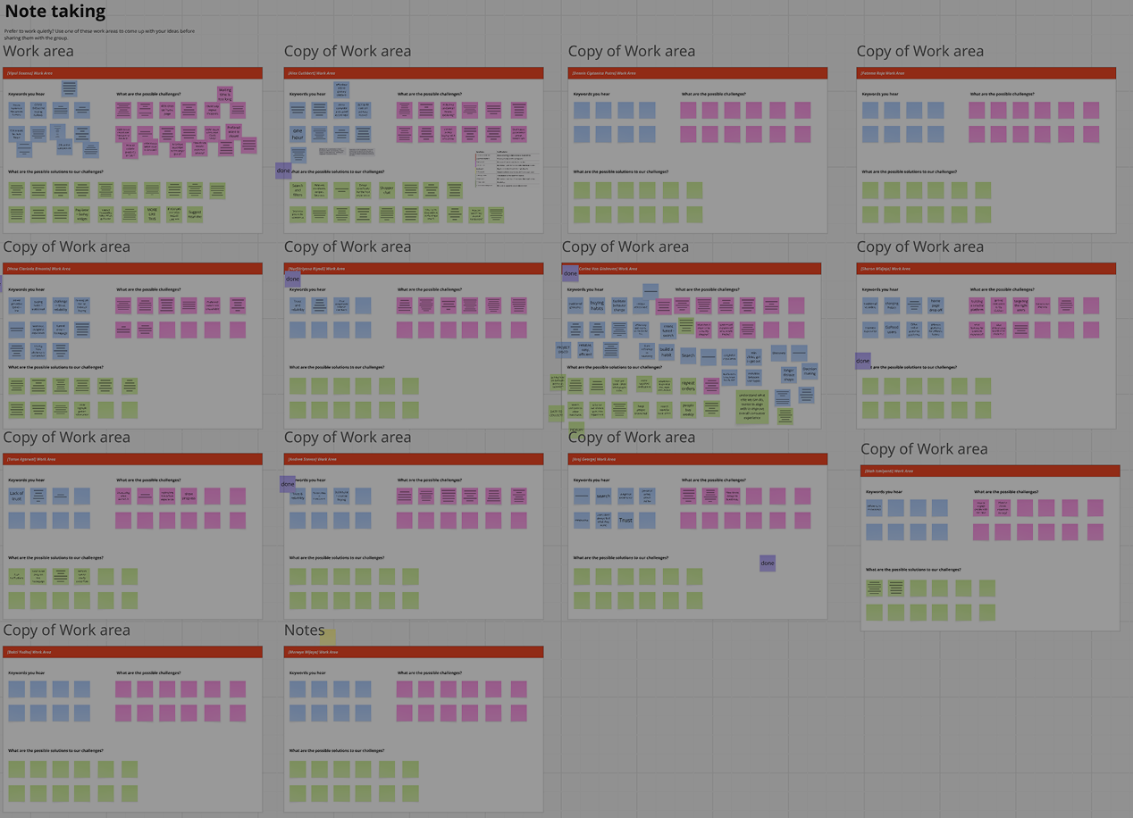 Live Miro board from Studio Accelerator — team note-taking on keywords, challenges, and solutions during lightning talks