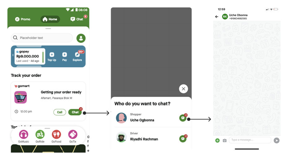 GoMart order-tracking widget and shopper/driver chat flow
