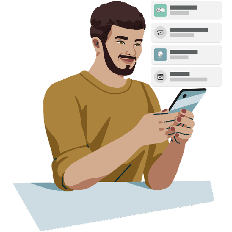 Illustration of an N26 customer checking their multi-activity feed notifications on their phone