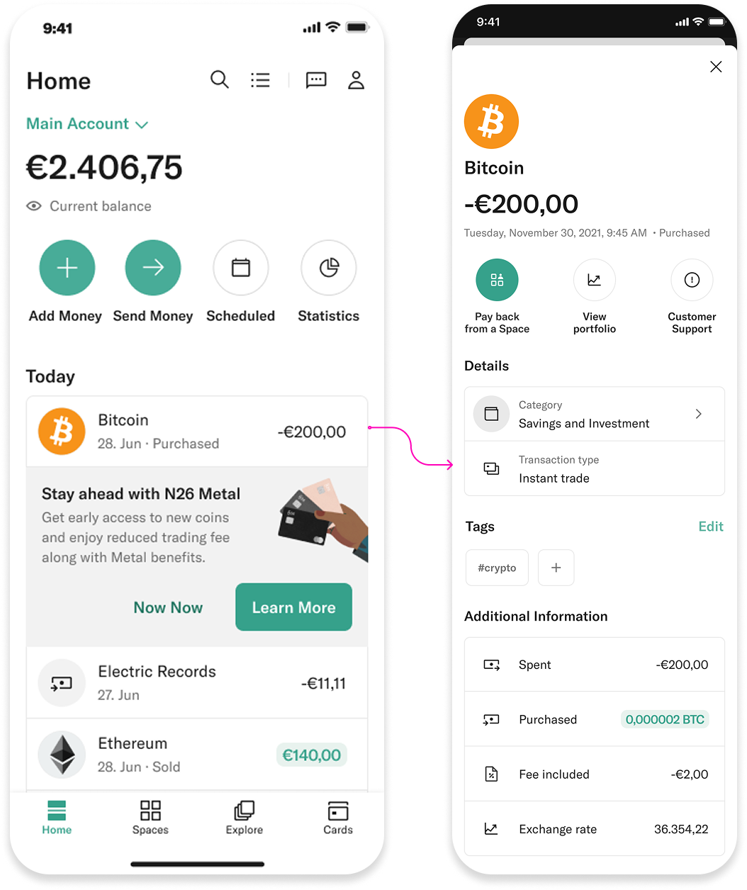 N26 Home feed surfacing Bitcoin activity alongside a crypto transaction detail screen
