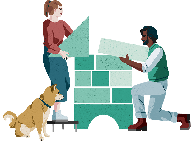 Illustration of a cross-functional team building a brick house together