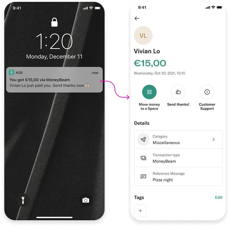 MoneyBeam receiver screen — Myles sent thanks