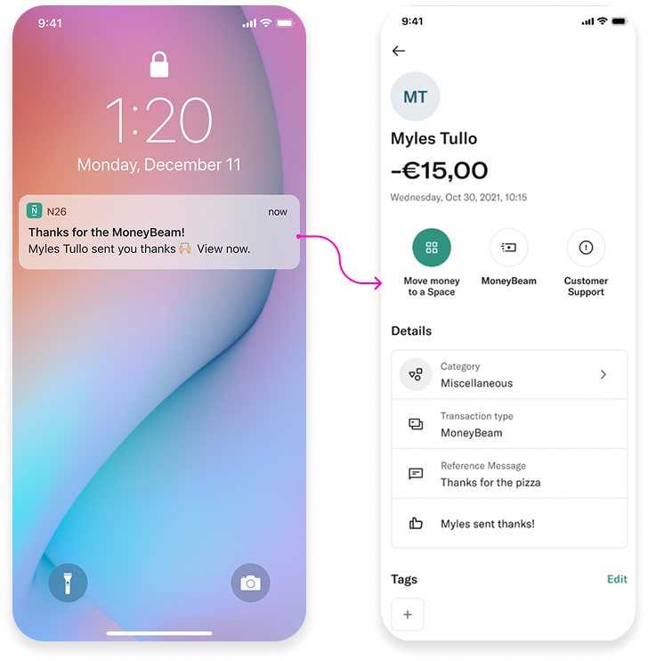 MoneyBeam sender screen — Send thanks action