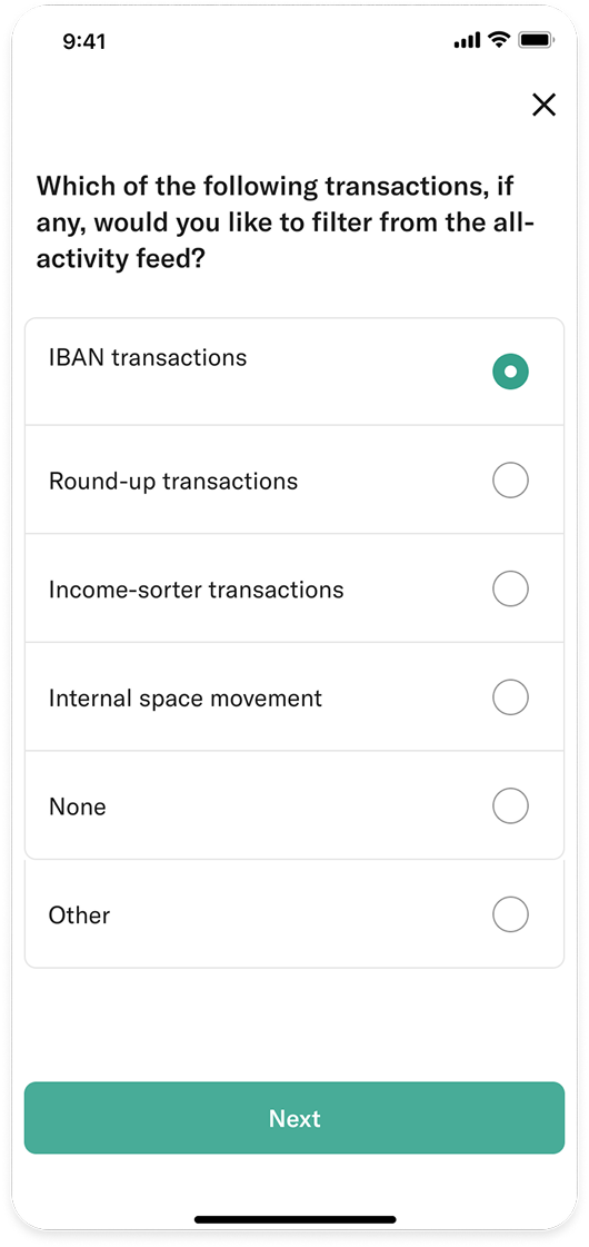 In-app survey asking which transactions to filter from the all-activity feed