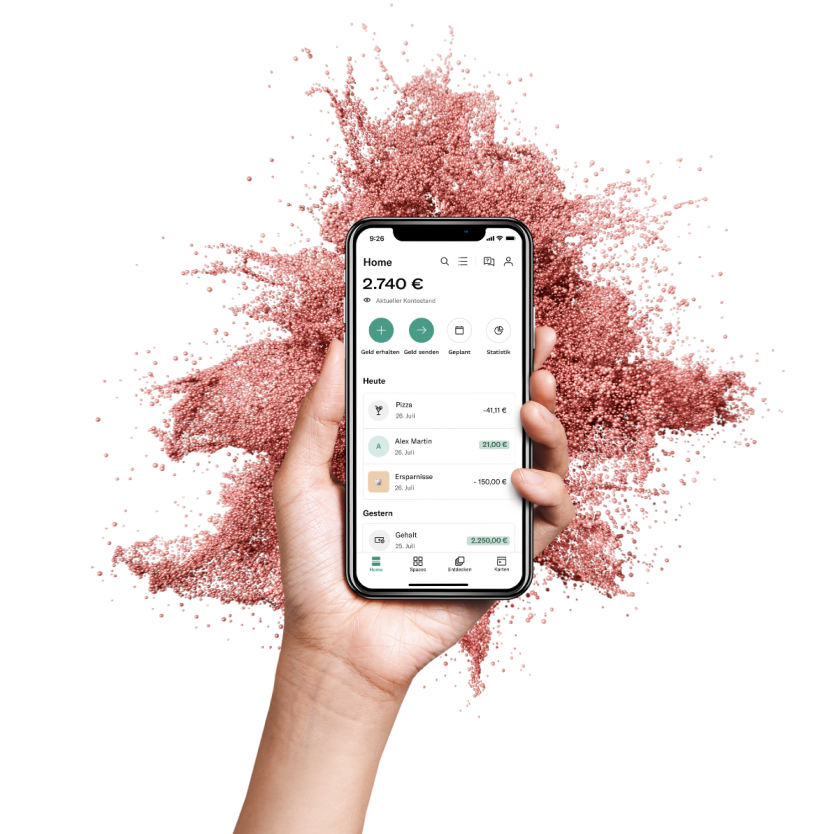 N26 mobile app — Home feed with balance and recent transactions