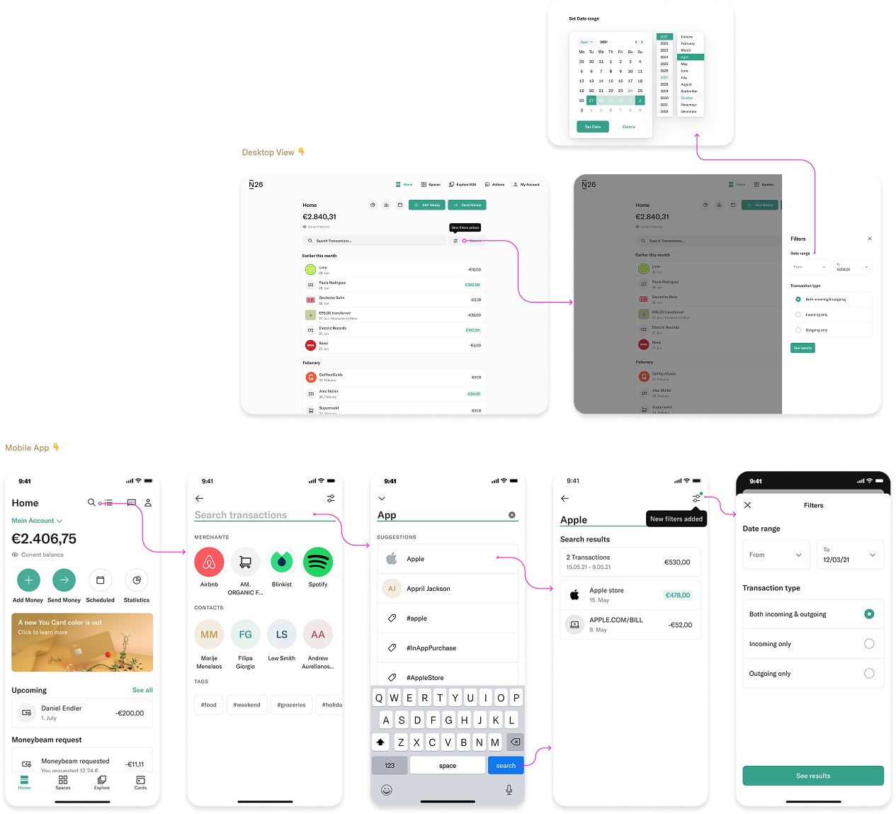 Search filters and suggestions across the N26 desktop WebApp and mobile app