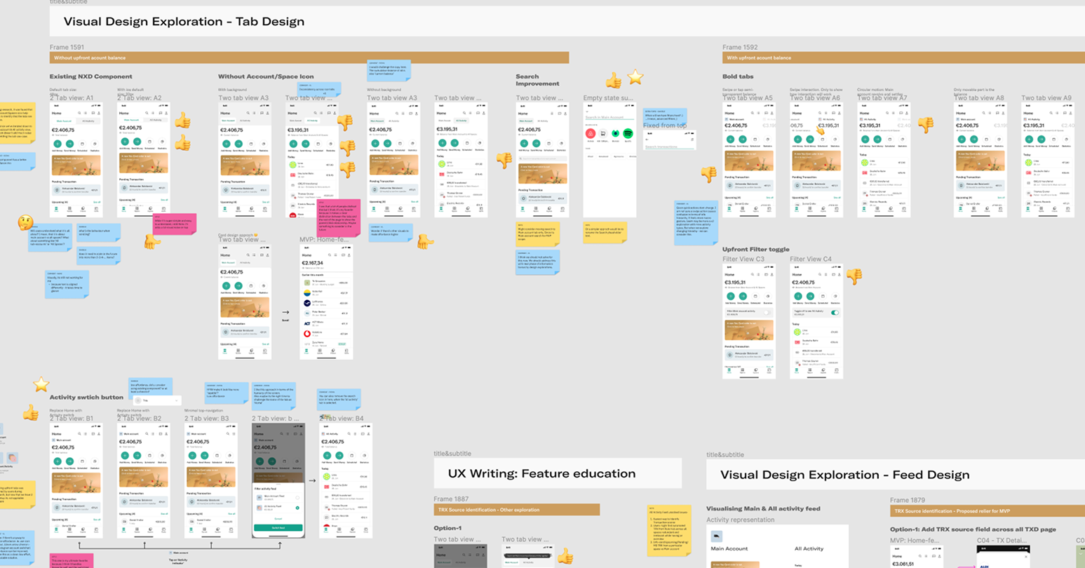 Design-review board — Visual Design Exploration of tab designs, feed designs and UX writing