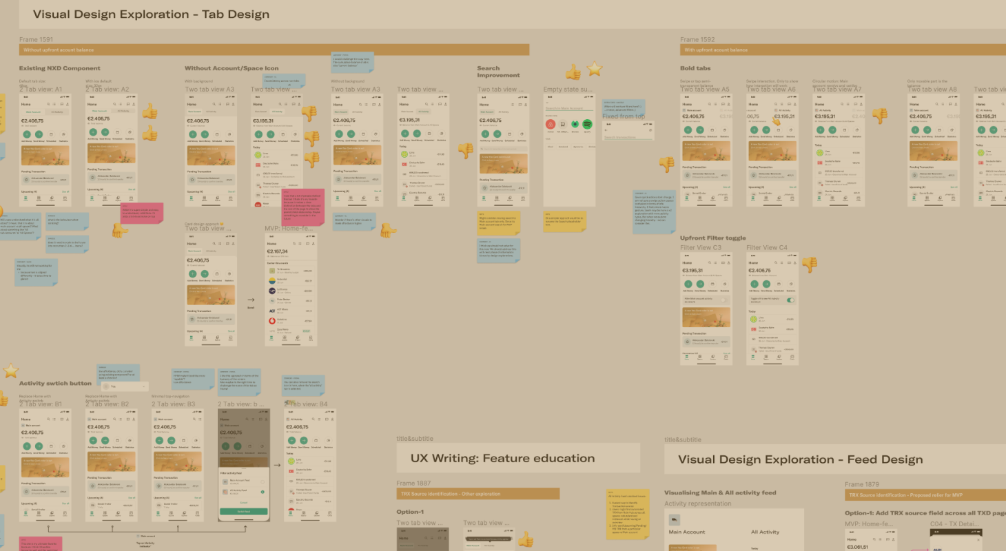 Design-review board — Visual Design Exploration of tab designs, feed designs and UX writing