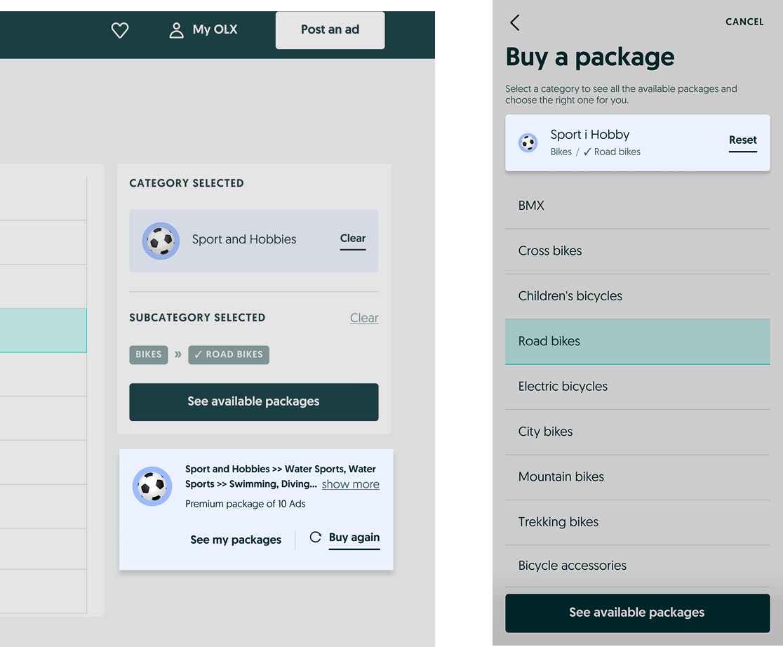 Desktop and mobile buy-package flows — shortcut banner and aligned category selection