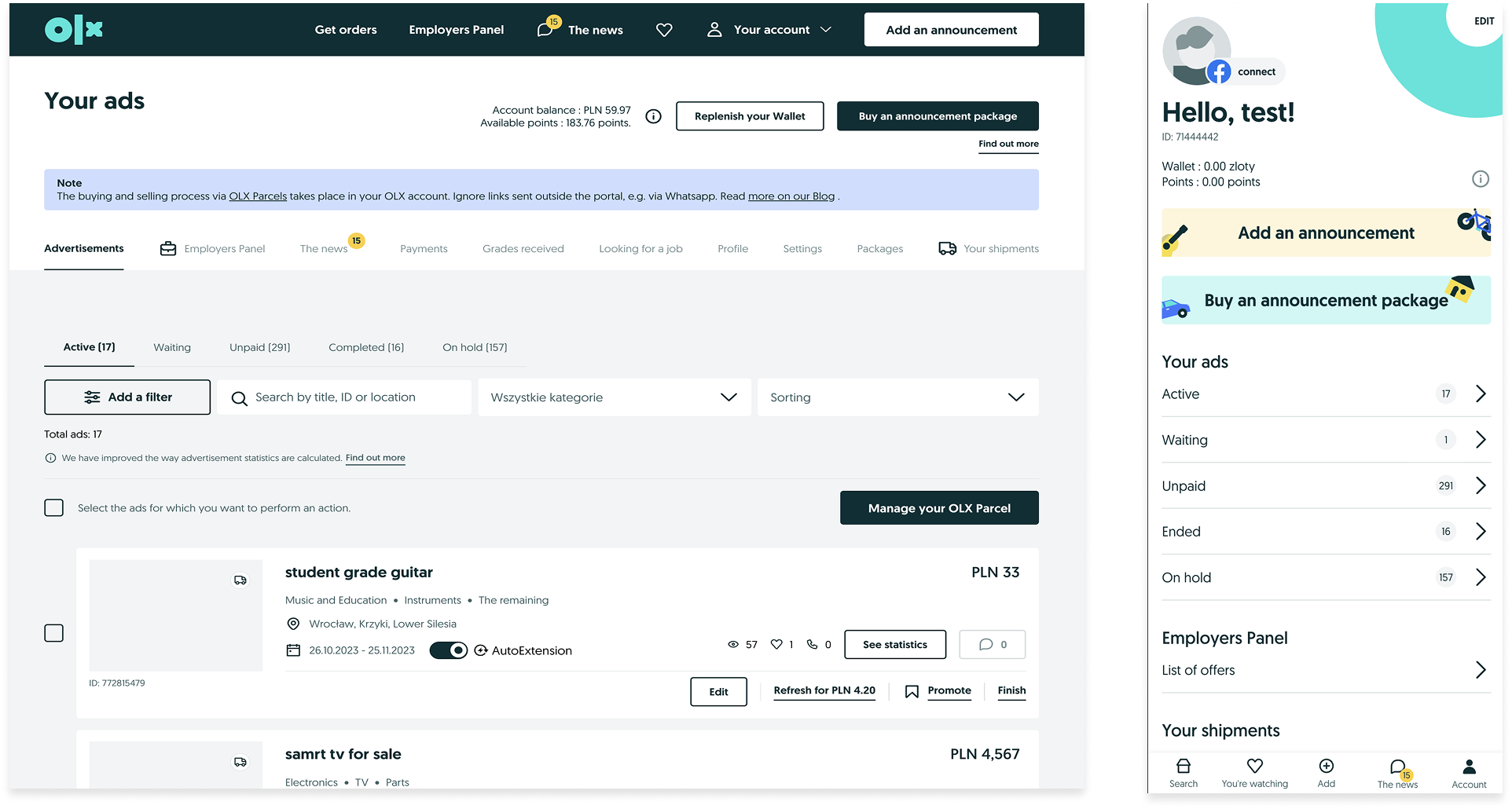 Audit — seller account overview: 'Your ads' on web and mobile