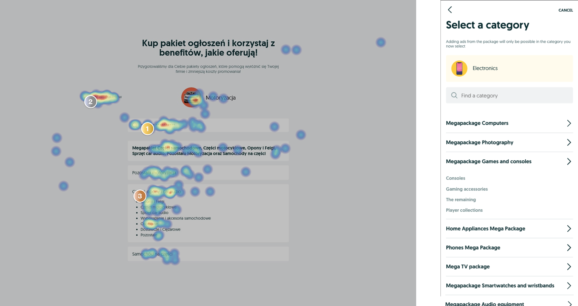 Audit — long L2 sub-category list with click heatmap