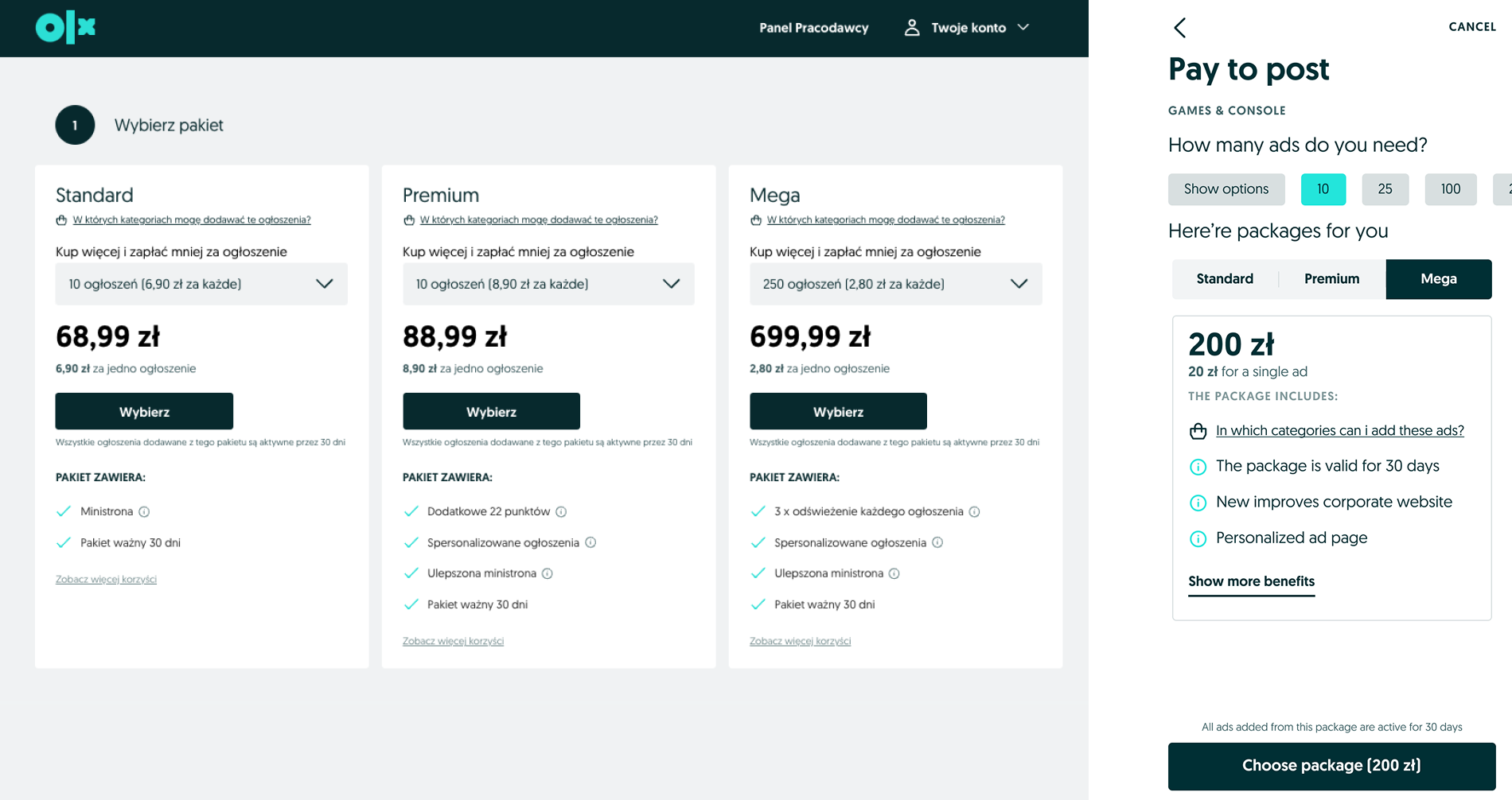 Audit — package selection: Standard, Premium, Mega and mobile 'Pay to post'