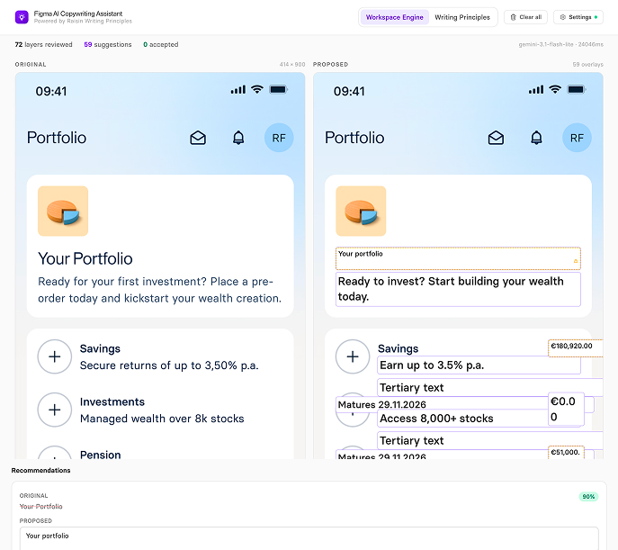 Copywriting tool — Raisin writing principles applied from a Figma link