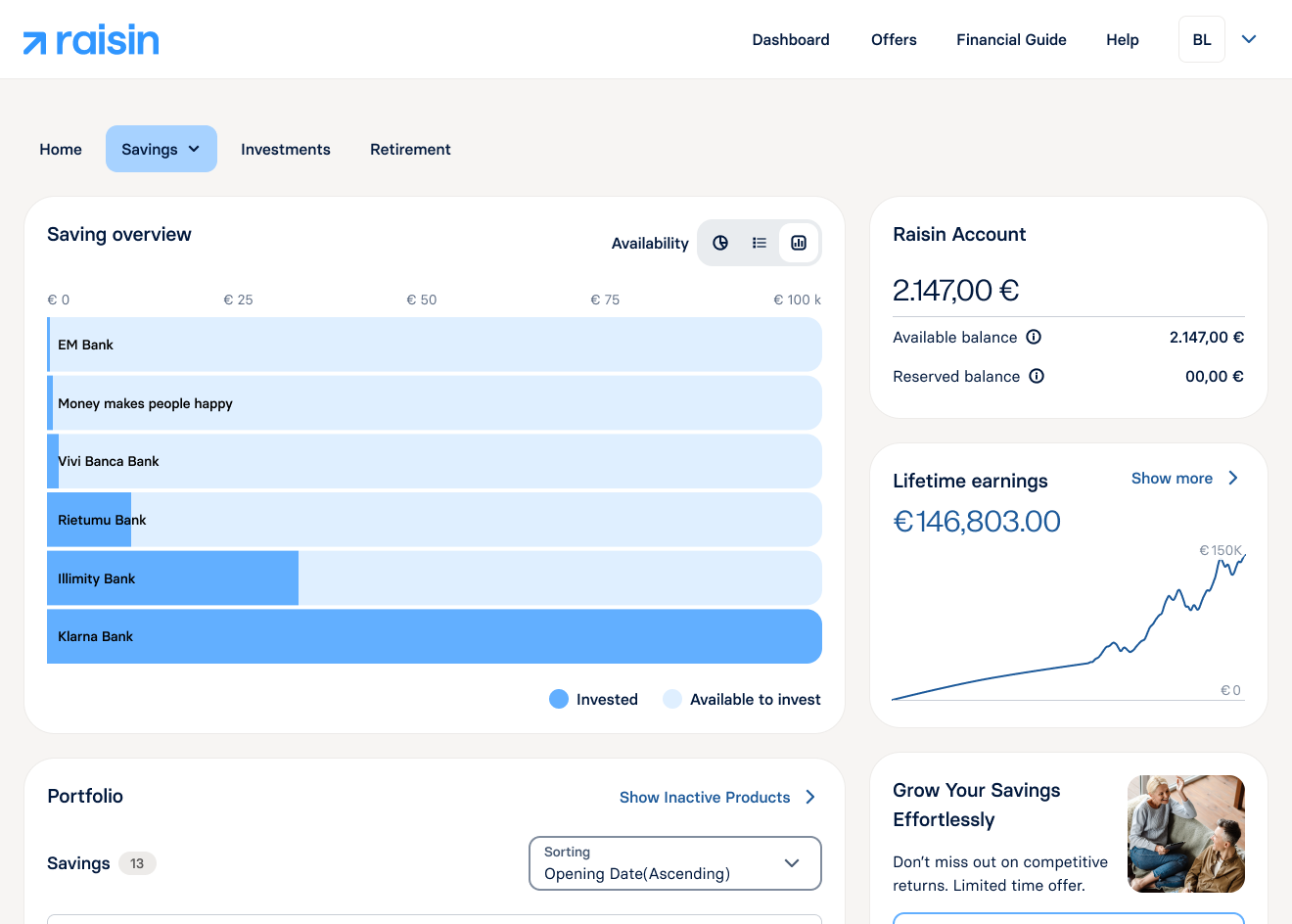 Dashboard filtering — all deposits view
