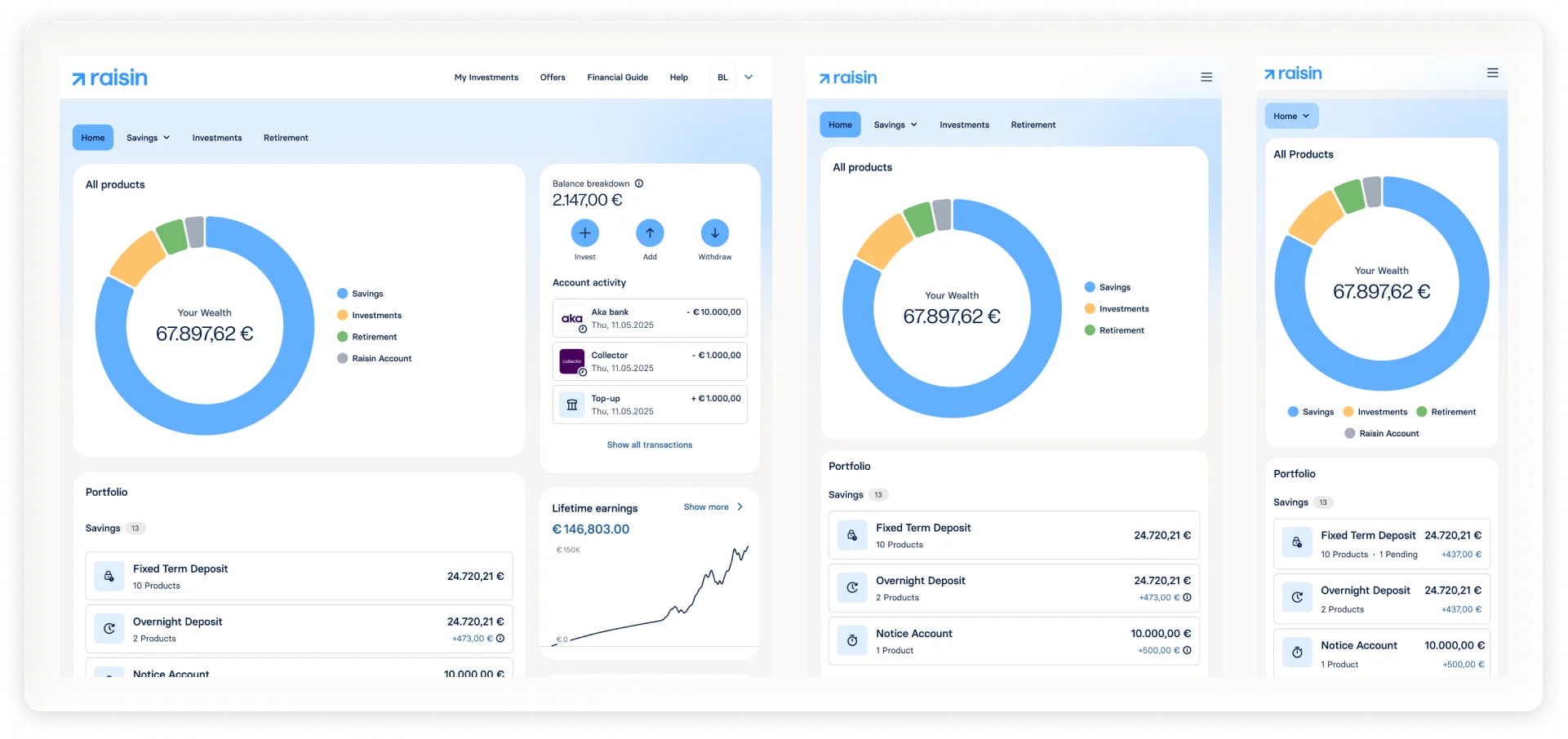 Final Wealth Hub interface — validated visual design in product context