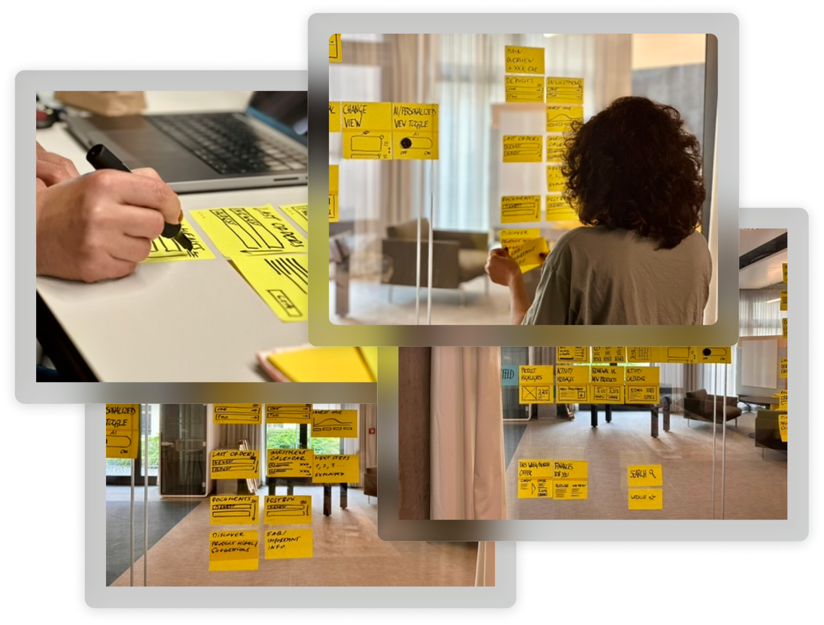 Co-creation synthesis — sticky notes on glass clustering research themes into How-Might-We statements