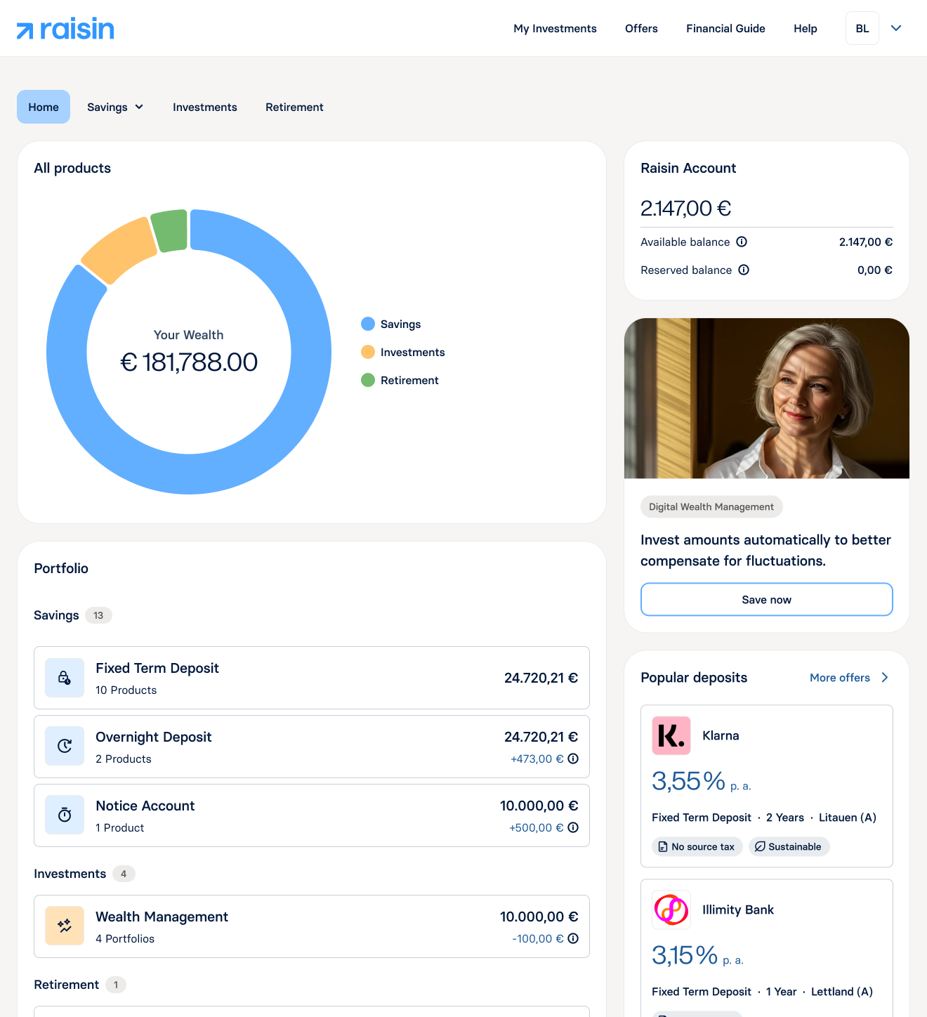 Wealth Hub — after, structured hierarchy across savings, investments, and retirement